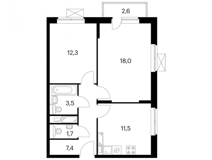 Двухкомнатная квартира 55.2 м²