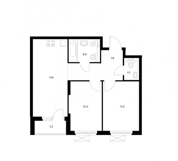 Двухкомнатная квартира 53.8 м²